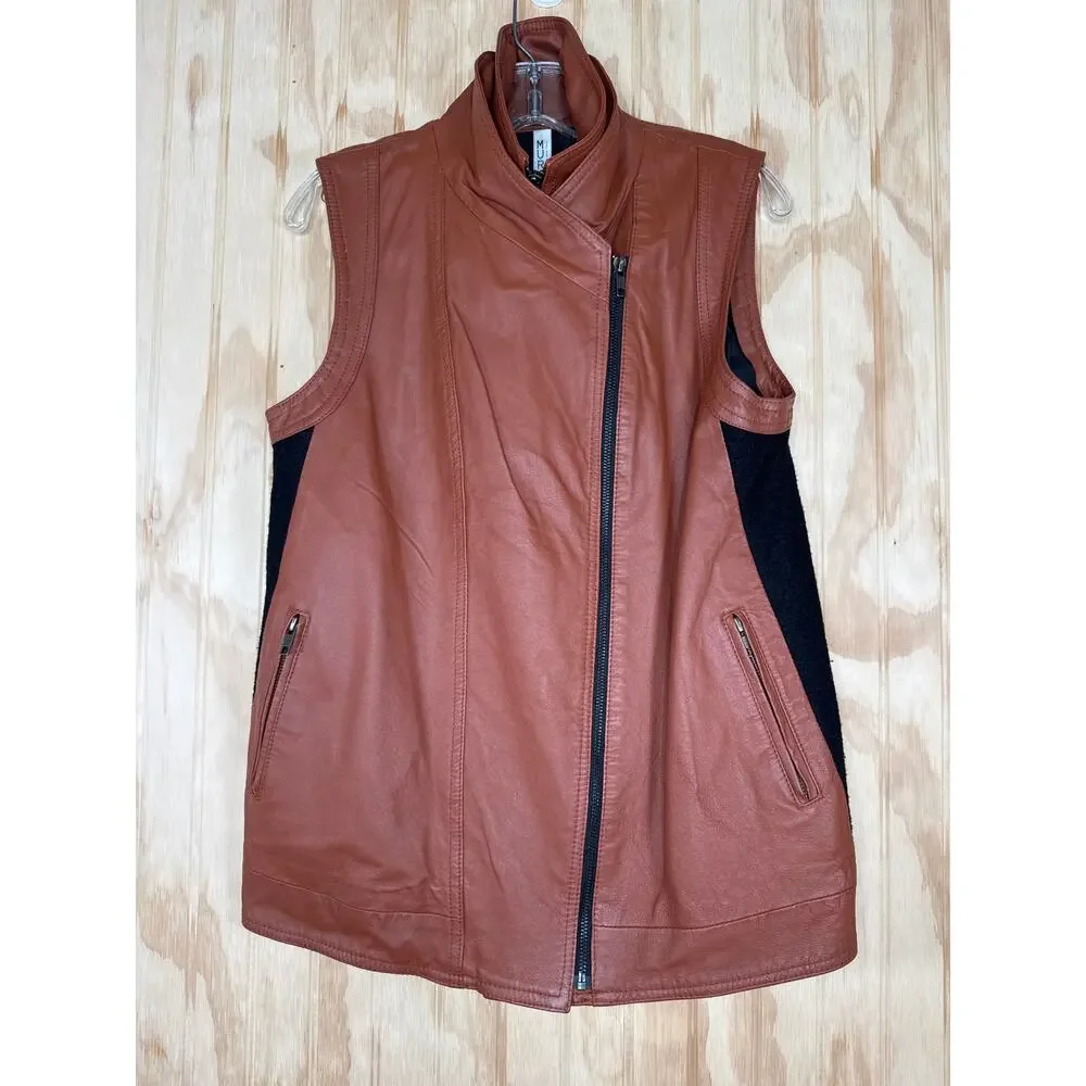 Mural Leather Moto Biker Vests Brown Black Zips Front Stretch Back Womens Medium - Picture 10 of 11